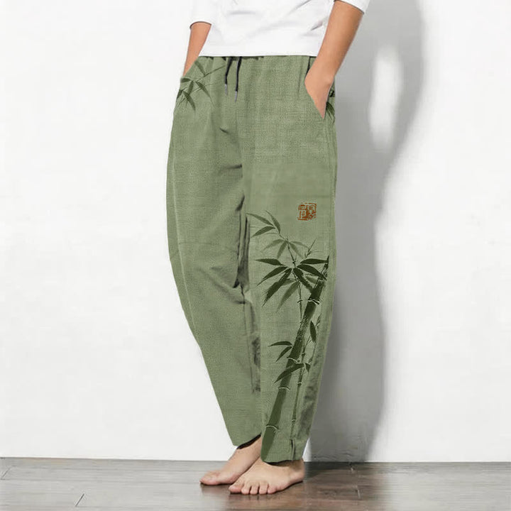 Buddha Stones Pure Cotton Ink Bamboo Pattern Drawstring Men's Tapered Pants With Pockets - image 8