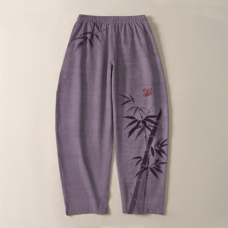 Buddha Stones Pure Cotton Ink Bamboo Pattern Drawstring Men's Tapered Pants With Pockets - image 14