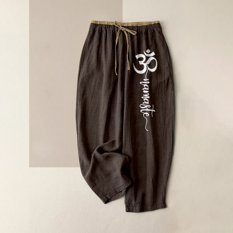 Buddha Stones Pure Cotton Om Symbol Pattern Women's Elastic Waist Pants With Pockets - SaddleBrown - US16，UK/AU20，EU48 (3XL) - image 0