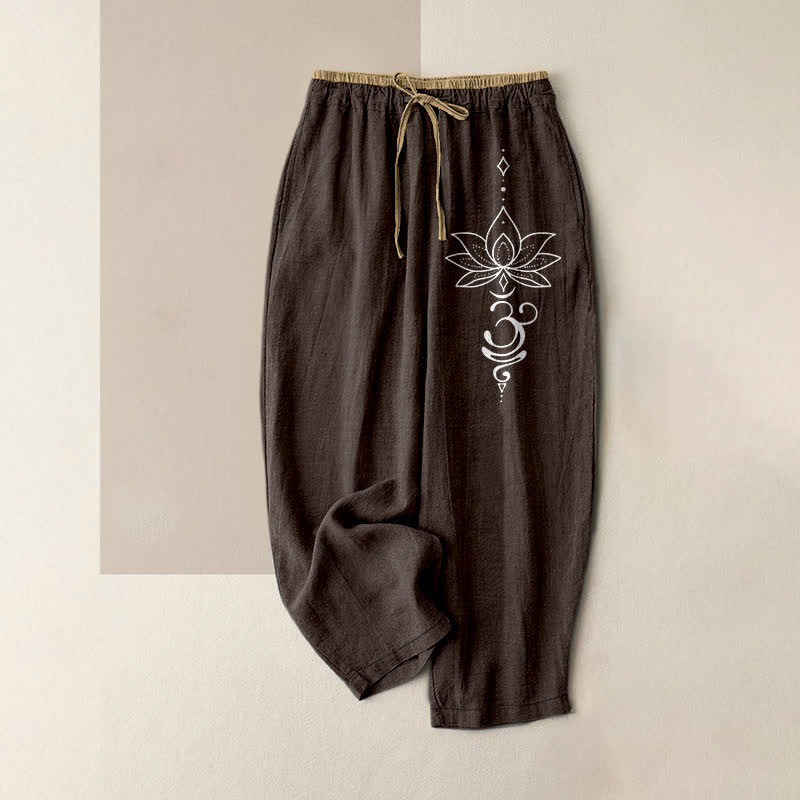 Buddha Stones Pure Cotton Zen Lotus Om Pattern Women's Elastic Waist Pants With Pockets - SaddleBrown - US16，UK/AU20，EU48 (3XL) - image 4