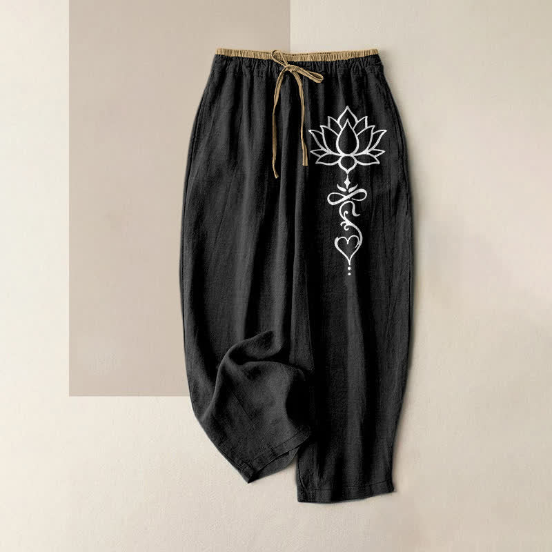 Buddha Stones Pure Cotton White Lotus Pattern Women's Elastic Waist Pants With Pockets - Black - US16，UK/AU20，EU48 (3XL) - image 0