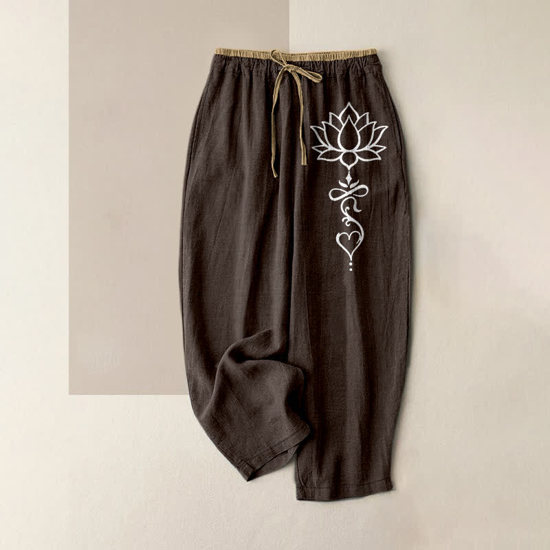 Buddha Stones Pure Cotton White Lotus Pattern Women's Elastic Waist Pants With Pockets - SaddleBrown - US16，UK/AU20，EU48 (3XL) - image 4
