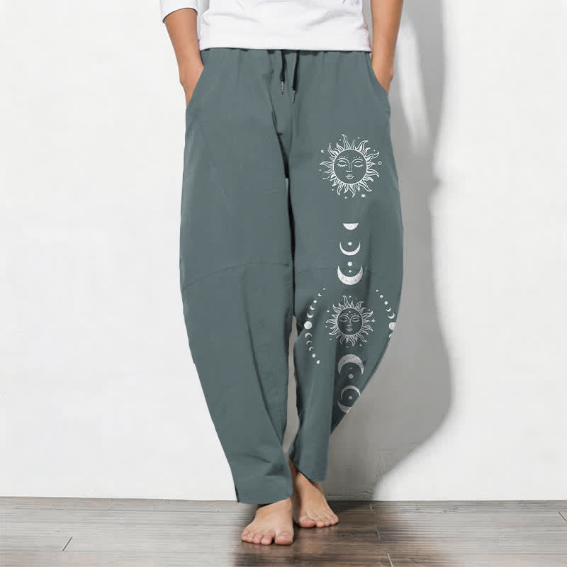 Buddha Stones Pure Cotton Sun Moon Phase Pattern Drawstring Men's Tapered Pants With Pockets - CadetBlue - US/UK/AU50，EU60 (5XL) - image 11