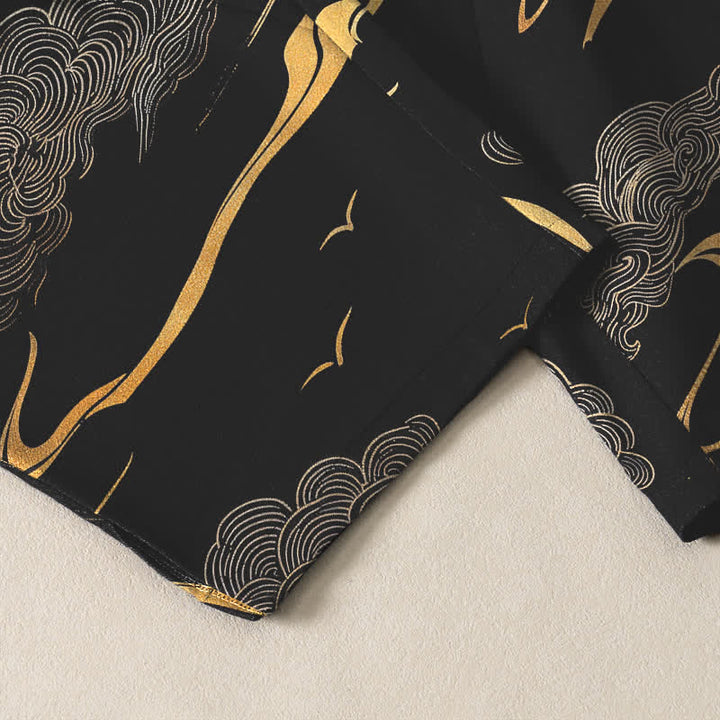 Buddha Stones Pure Cotton Golden Cloud Wave Pattern Drawstring Men's Tapered Pants With Pockets - image 5