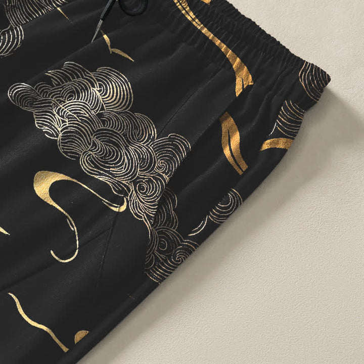 Buddha Stones Pure Cotton Golden Cloud Wave Pattern Drawstring Men's Tapered Pants With Pockets - image 4