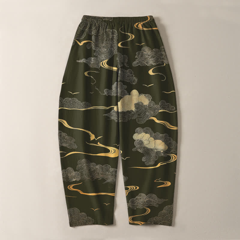 Buddha Stones Pure Cotton Golden Cloud Wave Pattern Drawstring Men's Tapered Pants With Pockets - image 10