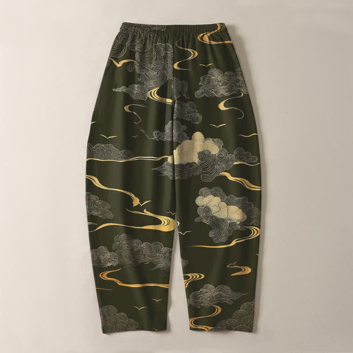 Buddha Stones Pure Cotton Golden Cloud Wave Pattern Drawstring Men's Tapered Pants With Pockets - image 10