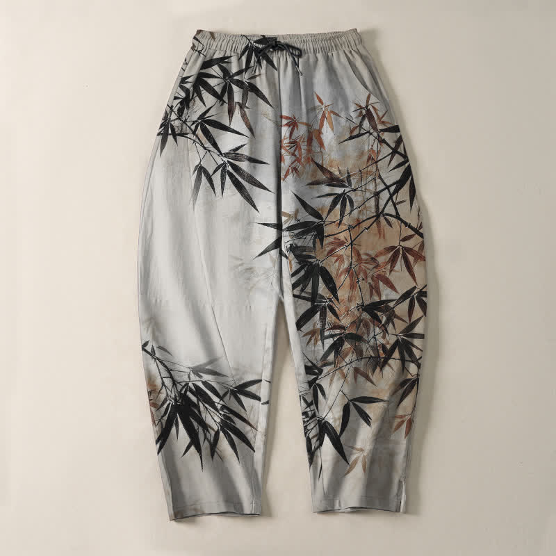 Buddha Stones Pure Cotton Ink Bamboo Leaf Pattern Drawstring Men's Tapered Pants With Pockets - image 2