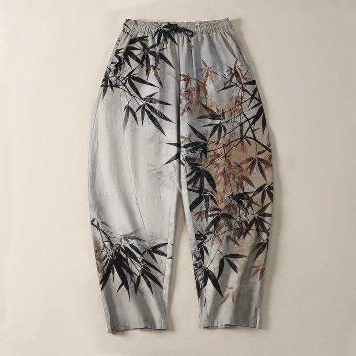 Buddha Stones Pure Cotton Ink Bamboo Leaf Pattern Drawstring Men's Tapered Pants With Pockets - image 2