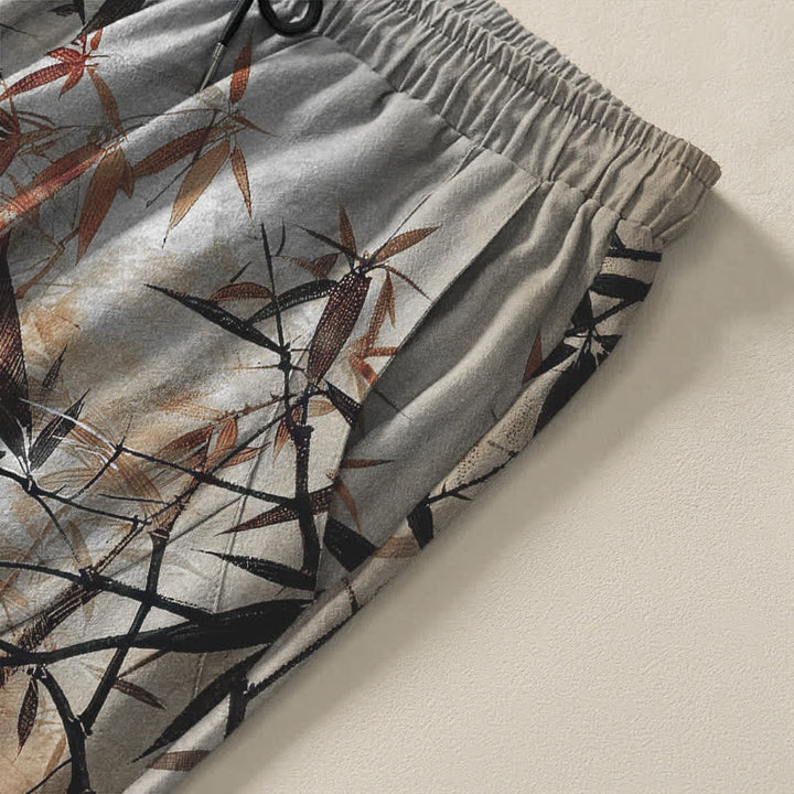Buddha Stones Pure Cotton Ink Bamboo Leaf Pattern Drawstring Men's Tapered Pants With Pockets - image 4