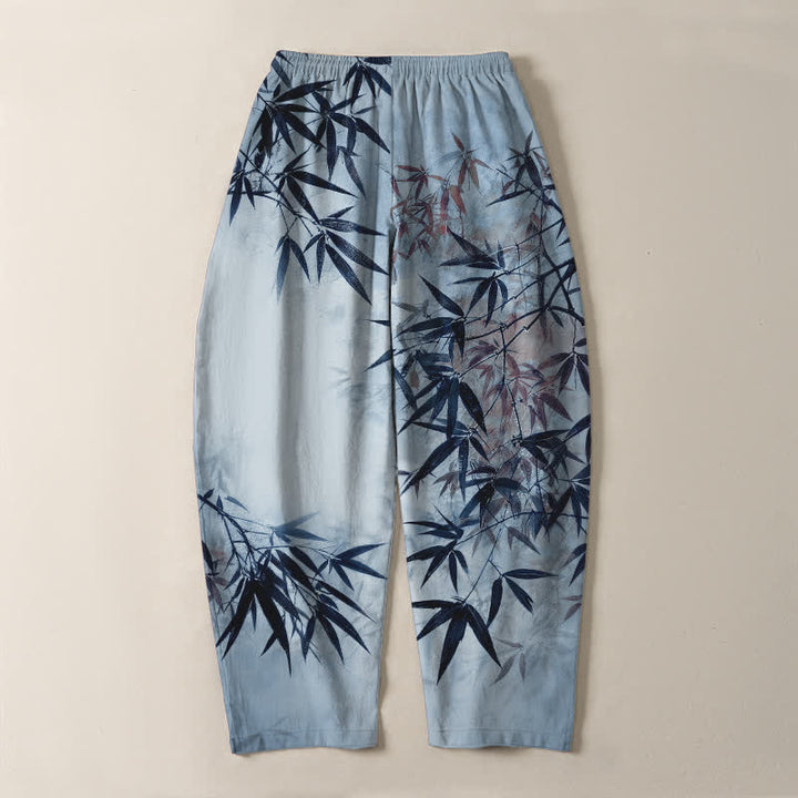Buddha Stones Pure Cotton Ink Bamboo Leaf Pattern Drawstring Men's Tapered Pants With Pockets - image 10