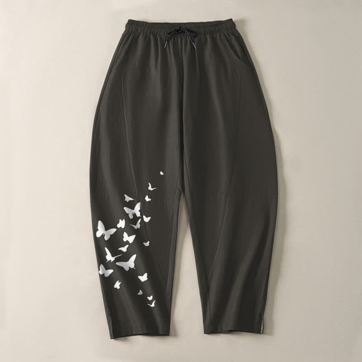 Buddha Stones Pure Cotton White Butterfly Cluster Pattern Drawstring Men's Tapered Pants With Pockets - image 2