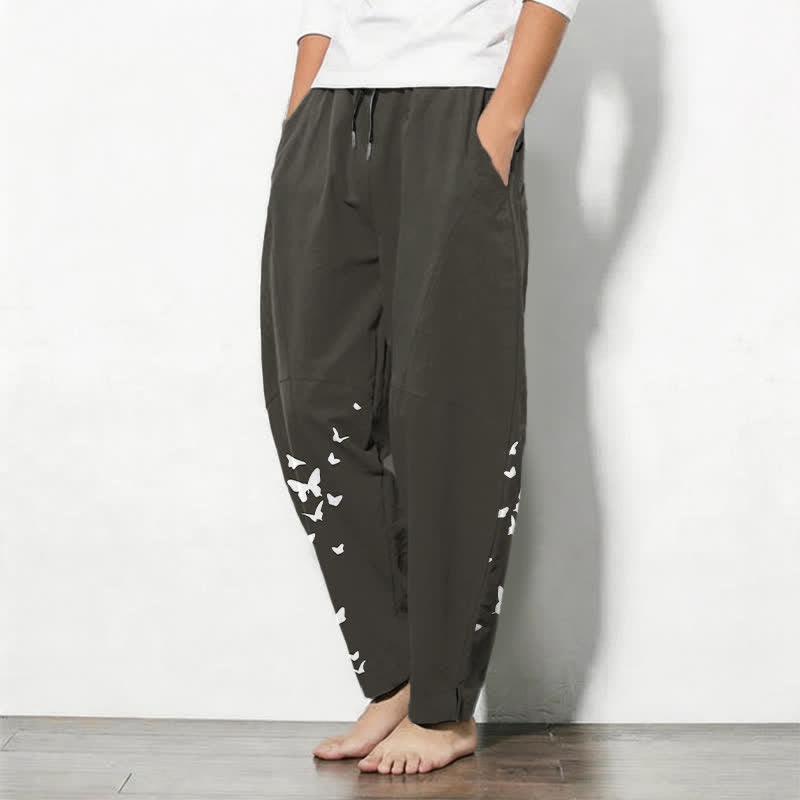 Buddha Stones Pure Cotton White Butterfly Cluster Pattern Drawstring Men's Tapered Pants With Pockets - image 1
