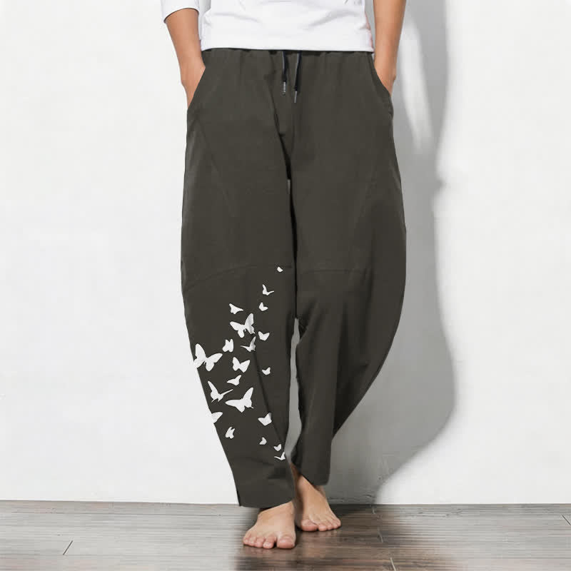 Buddha Stones Pure Cotton White Butterfly Cluster Pattern Drawstring Men's Tapered Pants With Pockets - Black - US/UK/AU50，EU60 (5XL) - image 0