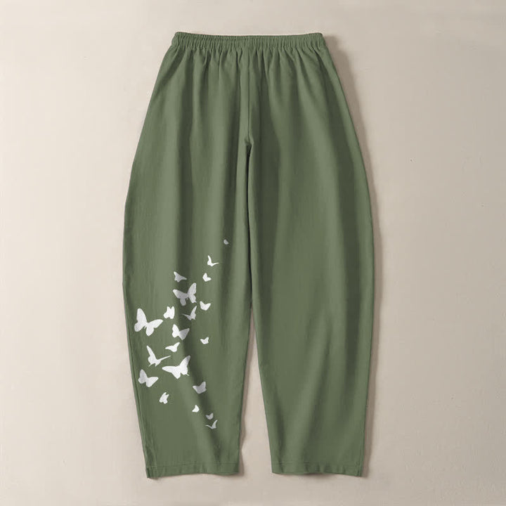 Buddha Stones Pure Cotton White Butterfly Cluster Pattern Drawstring Men's Tapered Pants With Pockets - image 10
