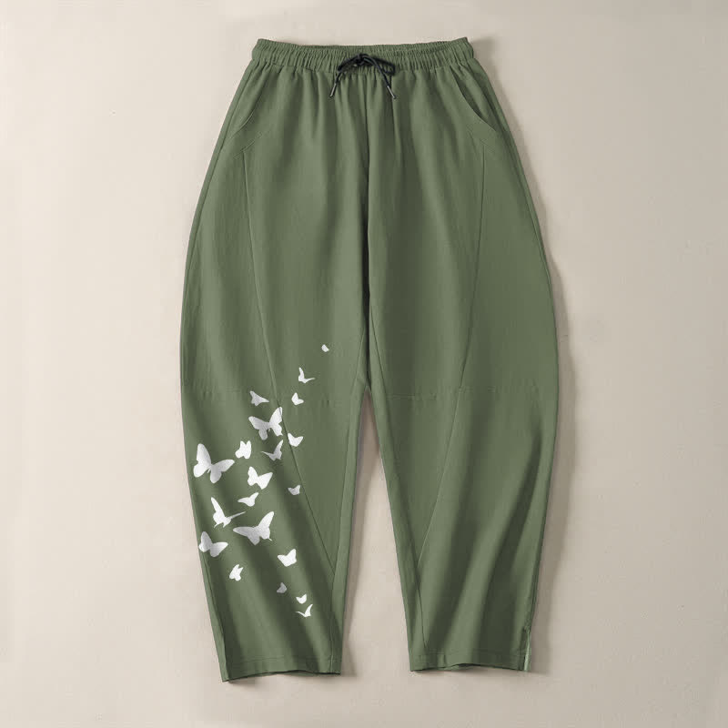 Buddha Stones Pure Cotton White Butterfly Cluster Pattern Drawstring Men's Tapered Pants With Pockets - image 9