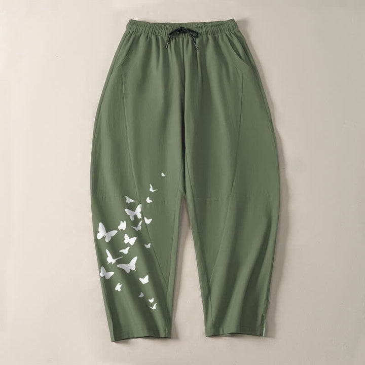 Buddha Stones Pure Cotton White Butterfly Cluster Pattern Drawstring Men's Tapered Pants With Pockets - image 9