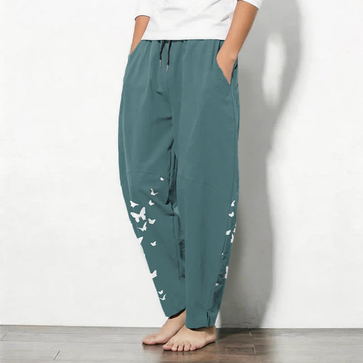 Buddha Stones Pure Cotton White Butterfly Cluster Pattern Drawstring Men's Tapered Pants With Pockets - image 12