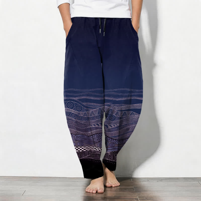 Buddha Stones Pure Cotton Tribal Wave Pattern Drawstring Men's Tapered Pants With Pockets - Navy - US/UK/AU50，EU60 (5XL) - image 7