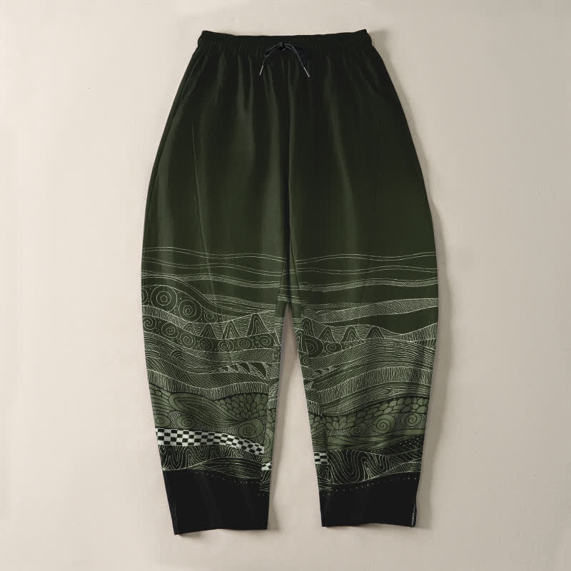 Buddha Stones Pure Cotton Tribal Wave Pattern Drawstring Men's Tapered Pants With Pockets - image 13