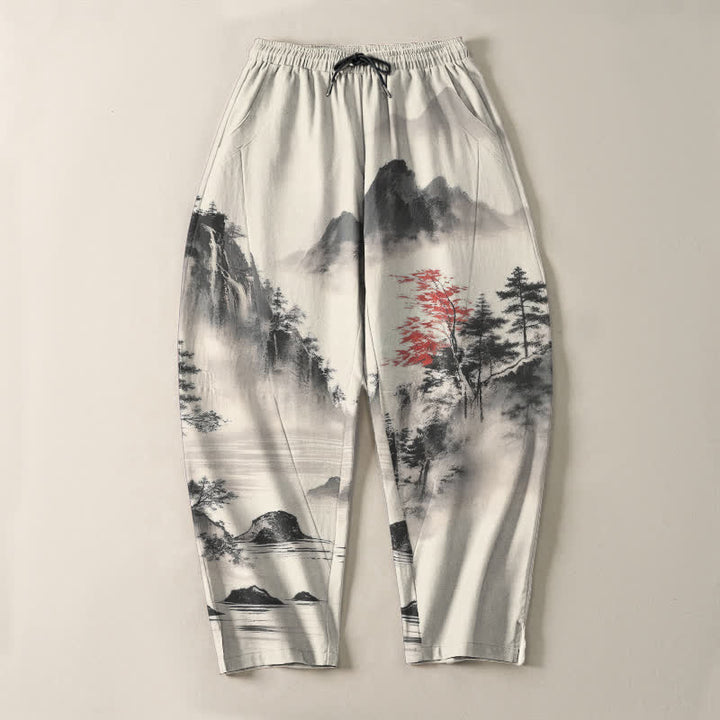 Buddha Stones Pure Cotton Ink Wash Mountain Landscape Pattern Drawstring Men's Tapered Pants With Pockets - image 2