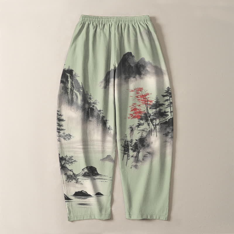 Buddha Stones Pure Cotton Ink Wash Mountain Landscape Pattern Drawstring Men's Tapered Pants With Pockets - image 10