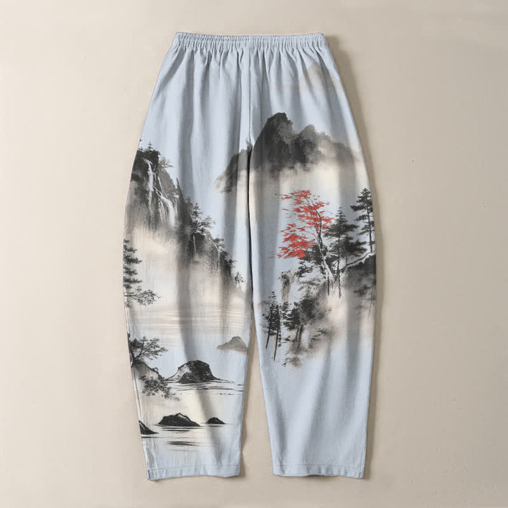 Buddha Stones Pure Cotton Ink Wash Mountain Landscape Pattern Drawstring Men's Tapered Pants With Pockets - image 14