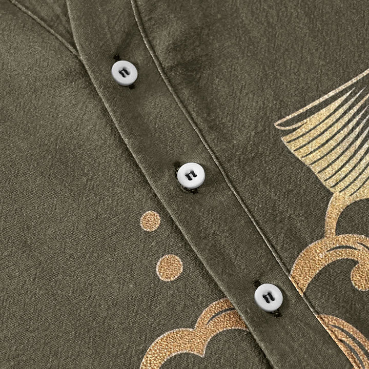 Buddha Stones Cotton Koi Fish Peony Pattern Men's Short Sleeve Half Button Shirt - image 3