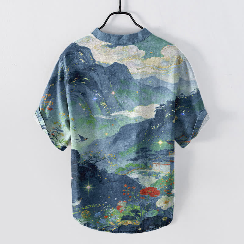 Buddha Stones Cotton Ink Wash Landscape Pattern Men's Short Sleeve Half Button Shirt - image 1