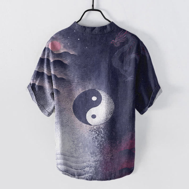 Buddha Stones Cotton Yin Yang Cloud Pattern Men's Short Sleeve Half Button Shirt - image 6