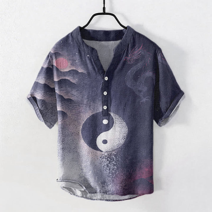 Buddha Stones Cotton Yin Yang Cloud Pattern Men's Short Sleeve Half Button Shirt - MidnightBlue - US/UK/AU50，EU60 (5XL) - image 5