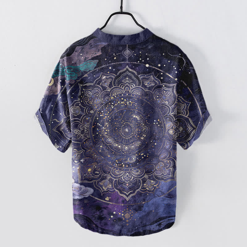 Buddha Stones Cotton Golden Mandala Galaxy Pattern Men's Short Sleeve Half Button Shirt - image 1