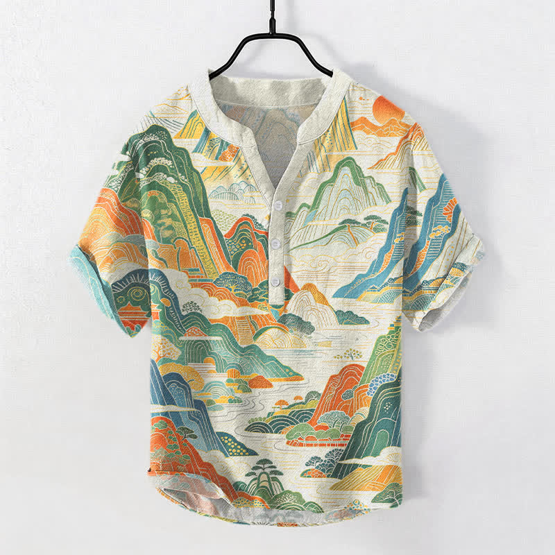 Buddha Stones Cotton Abstract Mountain Landscape Pattern Men's Short Sleeve Half Button Shirt - Ivory - US/UK/AU50，EU60 (5XL) - image 0