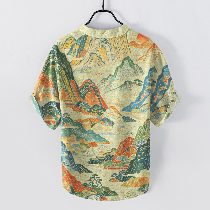 Buddha Stones Cotton Abstract Mountain Landscape Pattern Men's Short Sleeve Half Button Shirt - image 4