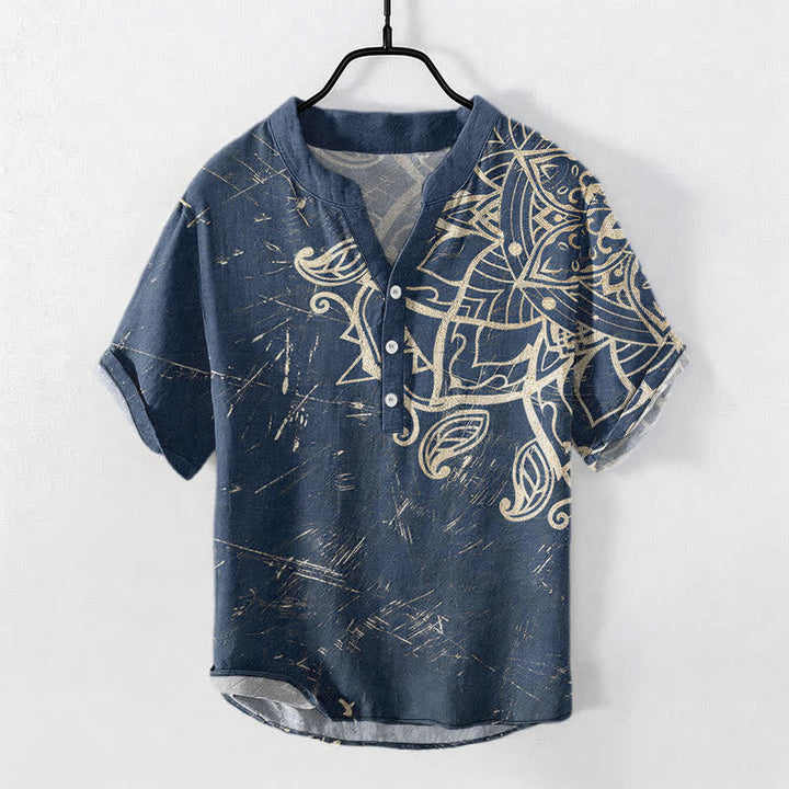 Buddha Stones Cotton Vintage Mandala Floral Pattern Men's Short Sleeve Half Button Shirt - Navy - US/UK/AU50，EU60 (5XL) - image 0