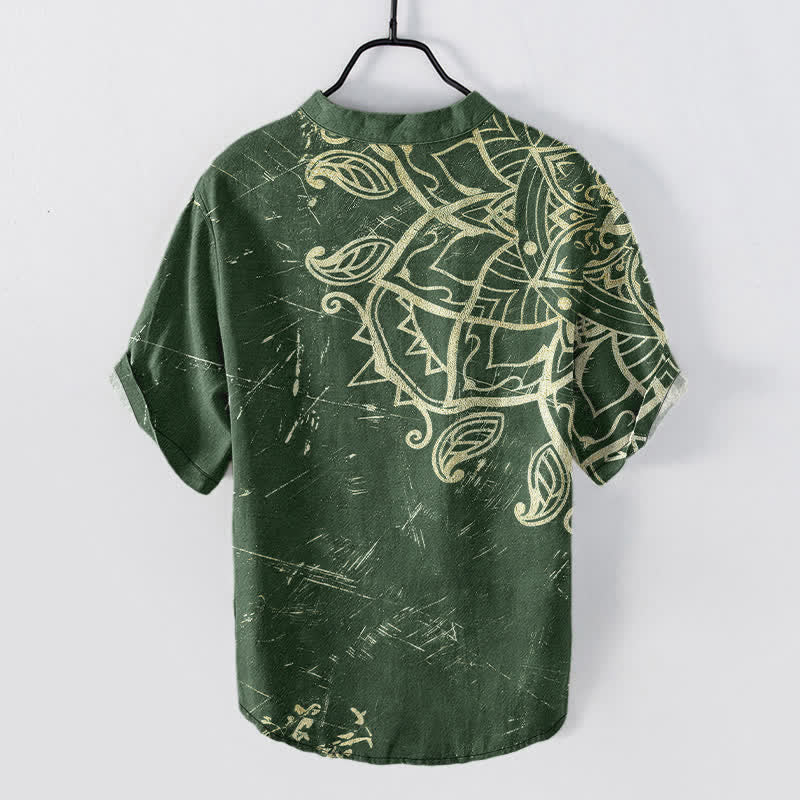 Buddha Stones Cotton Vintage Mandala Floral Pattern Men's Short Sleeve Half Button Shirt - image 8