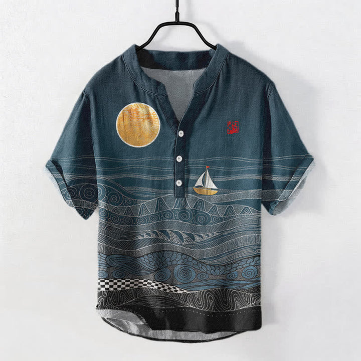 Buddha Stones Cotton Ocean Wave Sailboat Pattern Men's Short Sleeve Half Button Shirt - Teal - US/UK/AU50，EU60 (5XL) - image 0