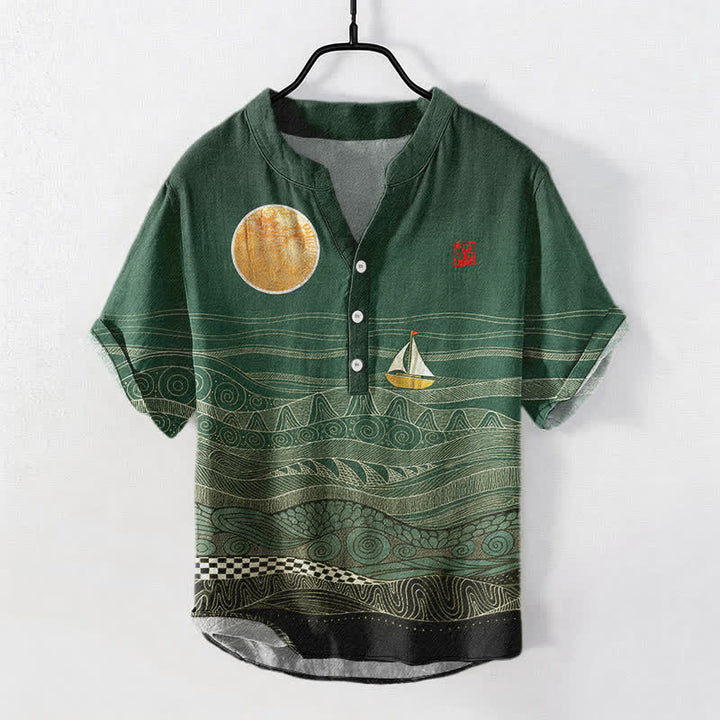 Buddha Stones Cotton Ocean Wave Sailboat Pattern Men's Short Sleeve Half Button Shirt - ForestGreen - US/UK/AU50，EU60 (5XL) - image 5