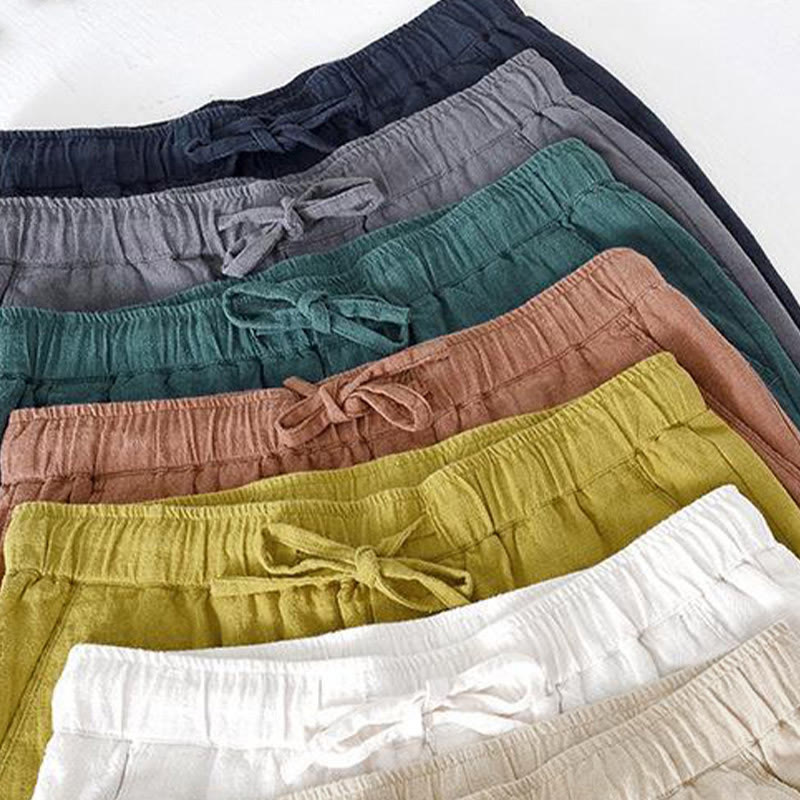 Buddha Stones Summer Solid Color Drawstring Elastic Waist Men's Ramie Linen Cotton Shorts With Pockets - image 41