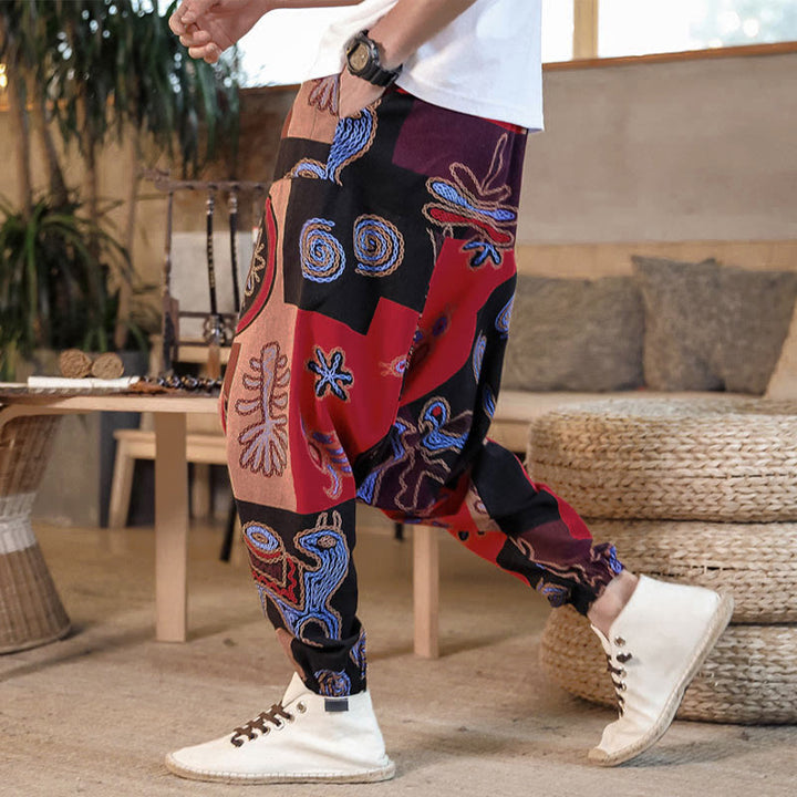 Buddha Stones Grid Flower Print Cotton Men's Harem Cropped Pants With Pockets - Red - US/UK/AU42，EU52 (3XL) - image 0