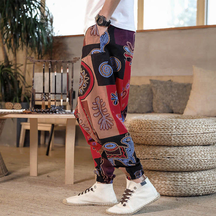 Buddha Stones Grid Flower Print Cotton Men's Harem Cropped Pants With Pockets - image 2