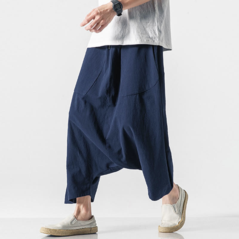 Buddha Stones Casual Low Crotch Design Drawstring Men's 7-8 Length Wide Leg Pants With Pockets - image 5
