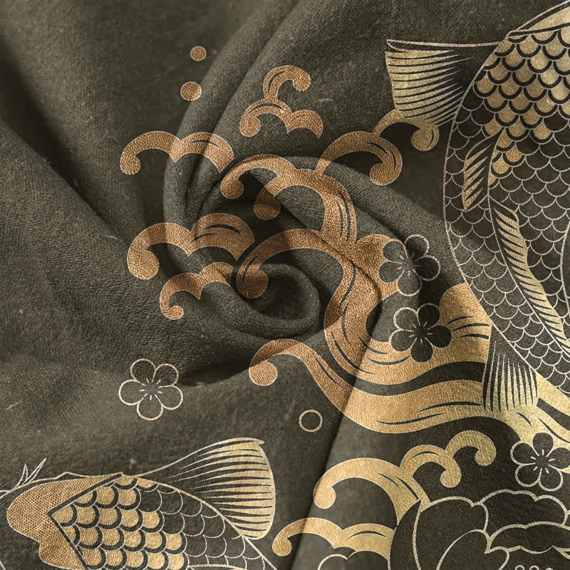 Buddha Stones Cotton Koi Fish Peony Pattern Men's Short Sleeve Half Button Shirt - image 4