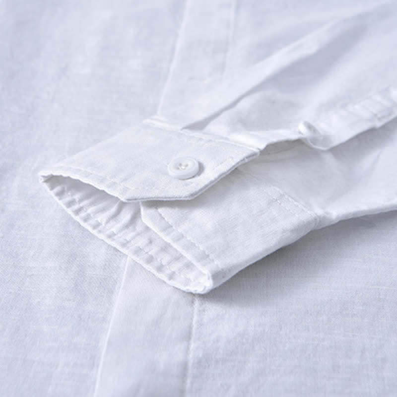 Buddha Stones Spring Casual Mandarin Collar Button-Up Solid Cotton Linen Men's Long Sleeve Shirts - image 20