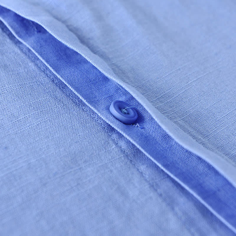 Buddha Stones Spring Casual Mandarin Collar Button-Up Solid Cotton Linen Men's Long Sleeve Shirts - image 15
