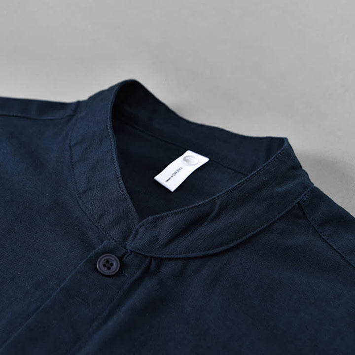 Buddha Stones Spring Casual Mandarin Collar Button-Up Solid Cotton Linen Men's Long Sleeve Shirts - image 10