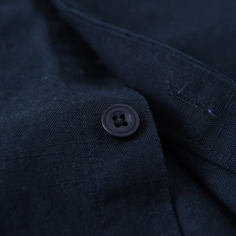 Buddha Stones Spring Casual Mandarin Collar Button-Up Solid Cotton Linen Men's Long Sleeve Shirts - image 11