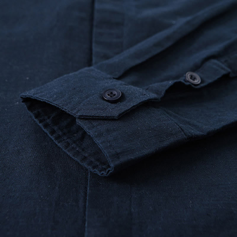 Buddha Stones Spring Casual Mandarin Collar Button-Up Solid Cotton Linen Men's Long Sleeve Shirts - image 12