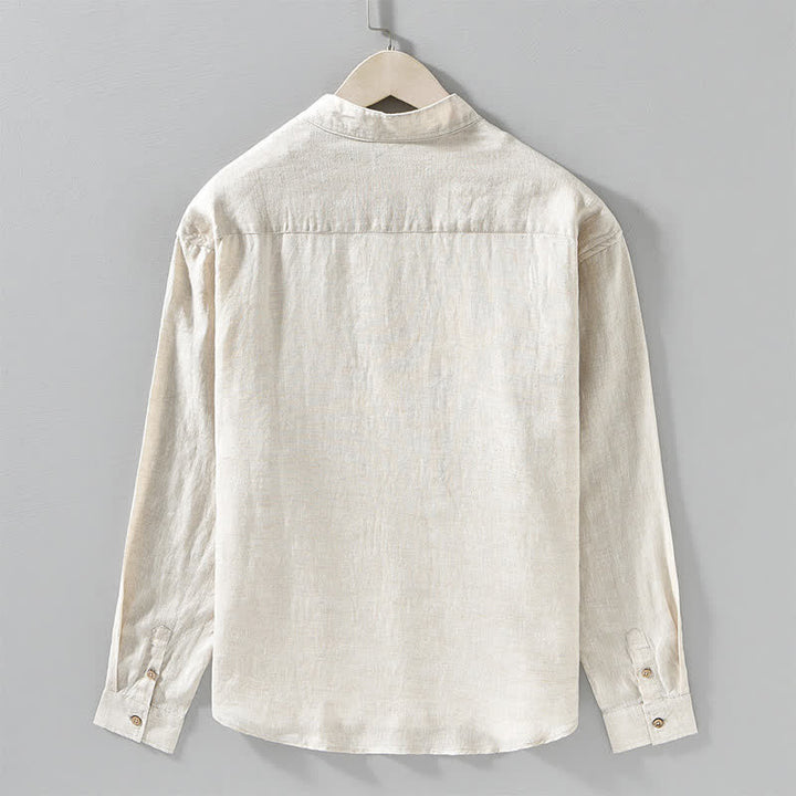 Buddha Stones Spring Casual Mandarin Collar Solid Linen Men's Long Sleeve Shirts With Patch Pocket - image 1