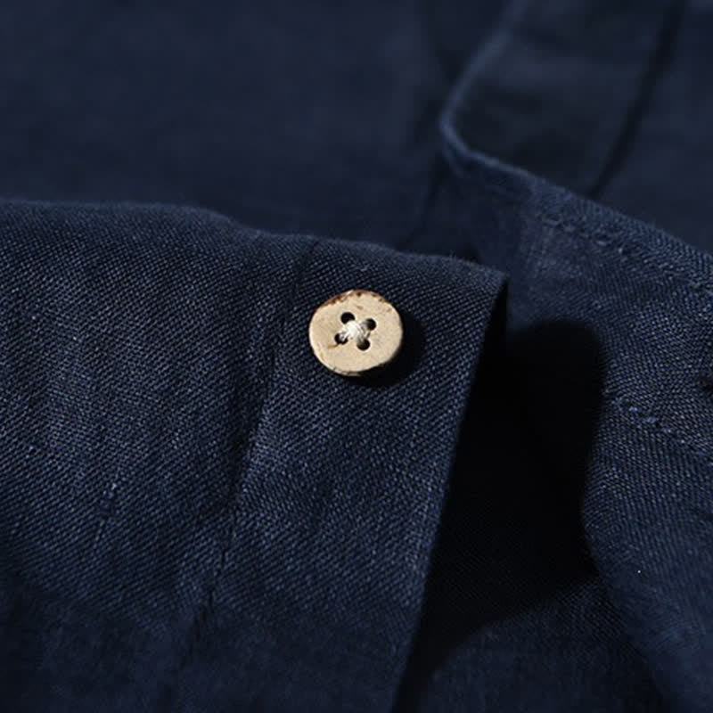 Buddha Stones Spring Casual Mandarin Collar Solid Linen Men's Long Sleeve Shirts With Patch Pocket - image 11